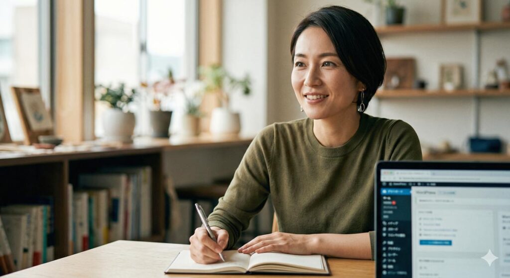 明るいデスクで、安堵した表情を浮かべながらノートにブログ記事の構想を書き出す日本人女性。手前のノートパソコンの画面には、日本語のWordPressダッシュボード（管理画面）が表示されている。