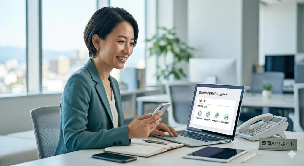 盛岡のモダンなオフィスで、自然光が差し込むデスクに座り、笑顔でノートパソコンの画面を見つめる日本人女性。彼女はスマートフォンを手に持ち、ノートパソコンの画面には日本語で「問い合わせ管理ダッシュボード」や「対応状況: 完了」と表示されている。整理されたデスクにはタブレット、スマートペン、小さな「盛岡AIサポート」のプラークがある。