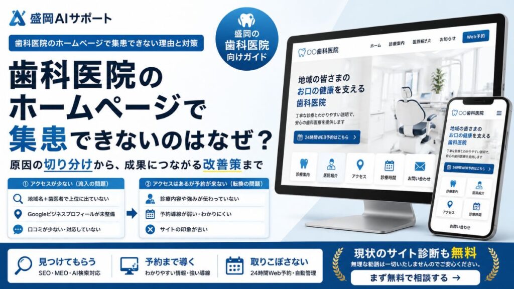 歯科医院のホームページで集患できない原因の切り分けと改善策を示すイメージ