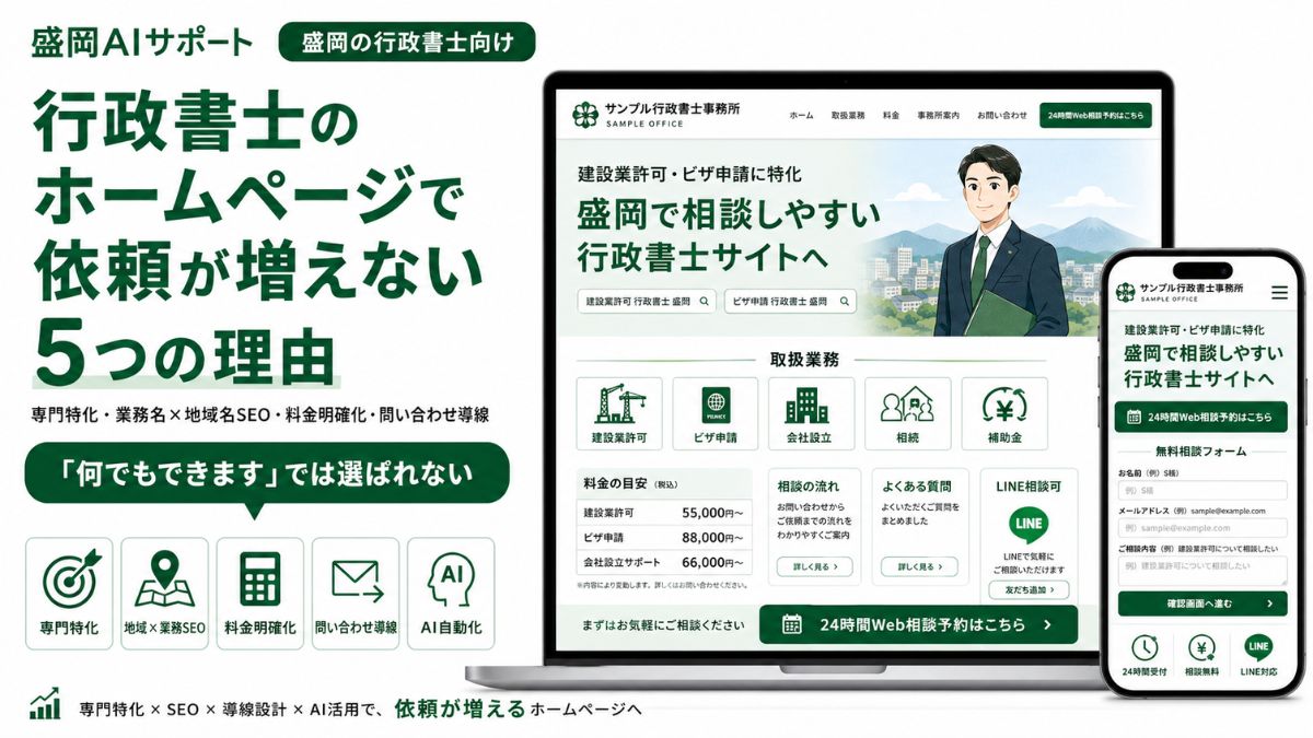 行政書士のホームページで依頼が増えない5つの理由と対策を示すイメージ