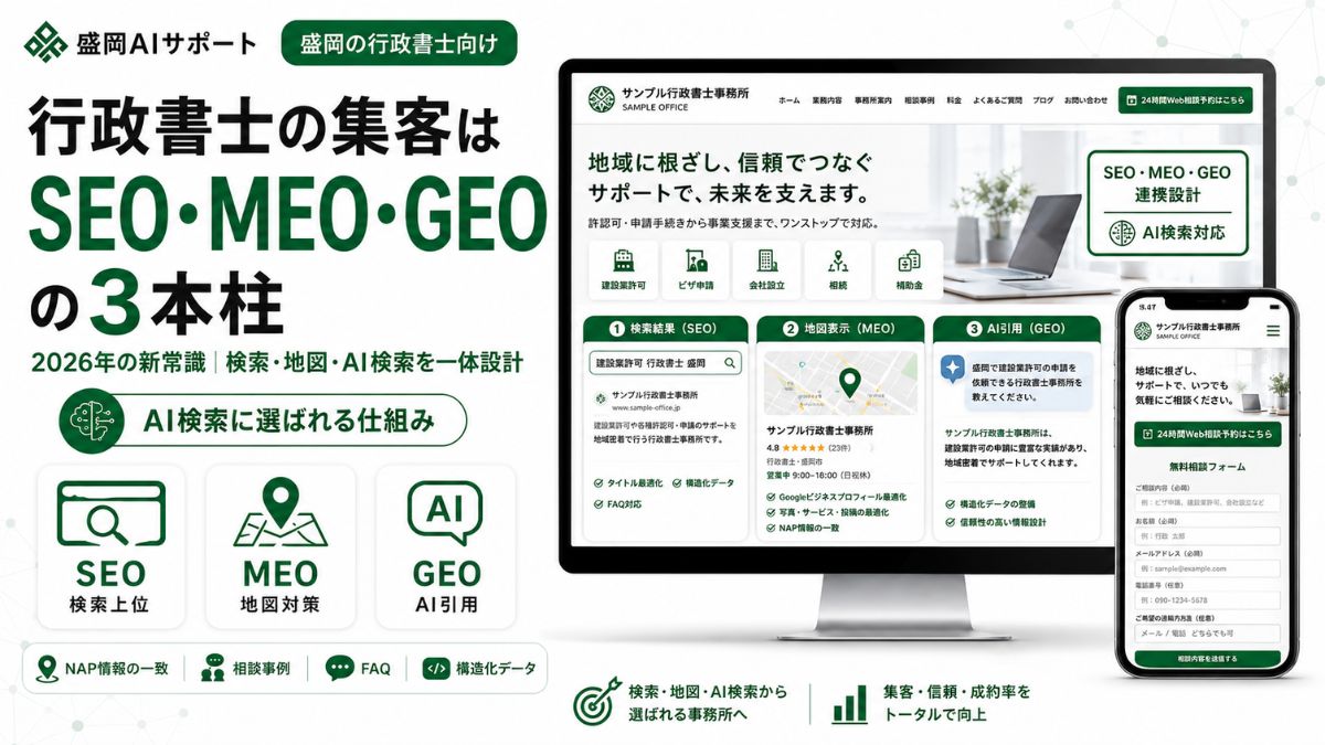 行政書士の集客をSEO・MEO・GEOの3本柱で一体設計するイメージ