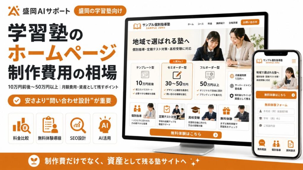 学習塾のホームページ制作費用の相場と問い合わせ設計のポイントを解説するイメージ