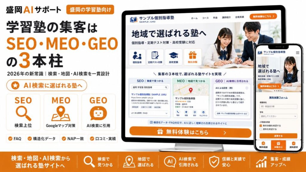 学習塾の集客をSEO・MEO・GEOの3本柱で一貫設計するイメージ