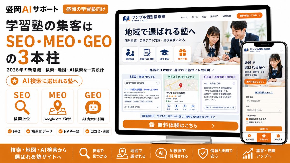 学習塾の集客をSEO・MEO・GEOの3本柱で一貫設計するイメージ