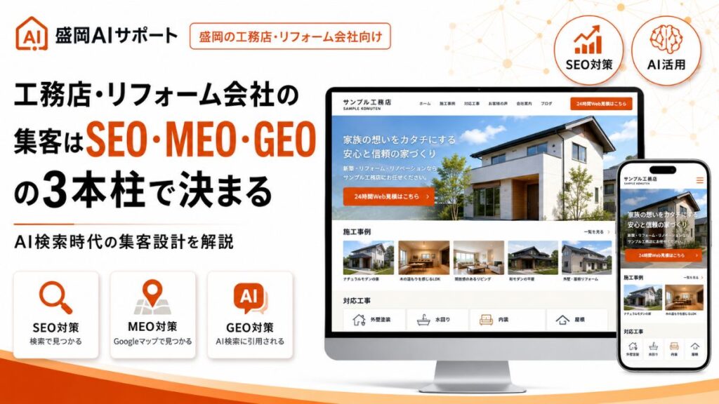 工務店・リフォーム会社の集客をSEO・MEO・GEOの3本柱で設計するイメージ