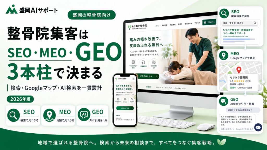 整骨院の集客をSEO・MEO・GEOの3本柱で一貫設計するイメージ