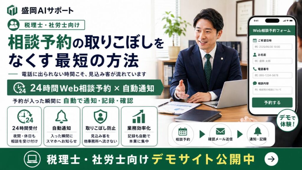 業務中で電話に出られない税理士・社労士が相談予約を取りこぼさないための受付自動化のイメージ
