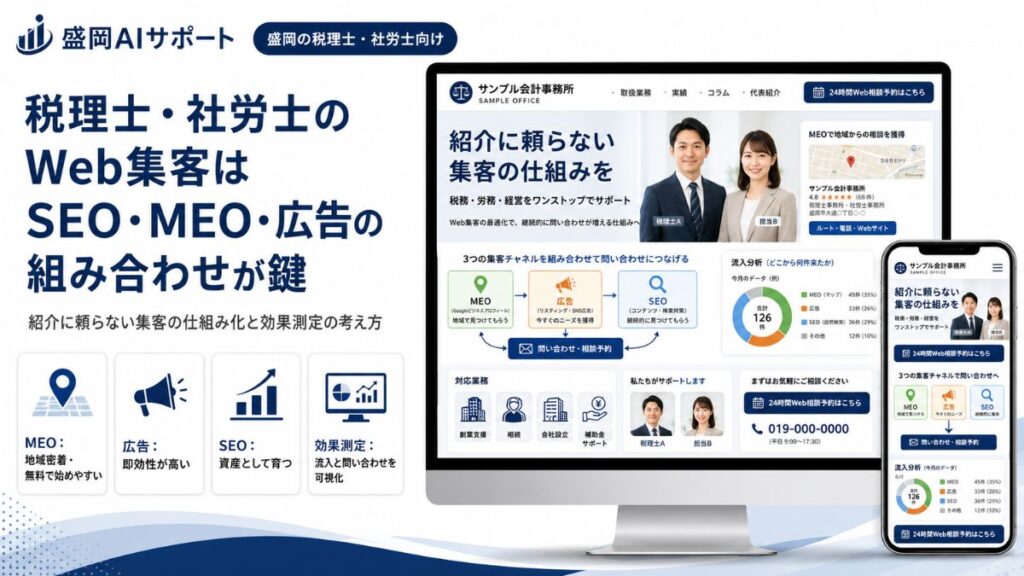 税理士・社労士のWeb集客をSEO・MEO・広告の組み合わせで仕組み化するイメージ