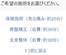 施術メニューを選ぶ画面（保険施術・骨盤矯正・全身整体）